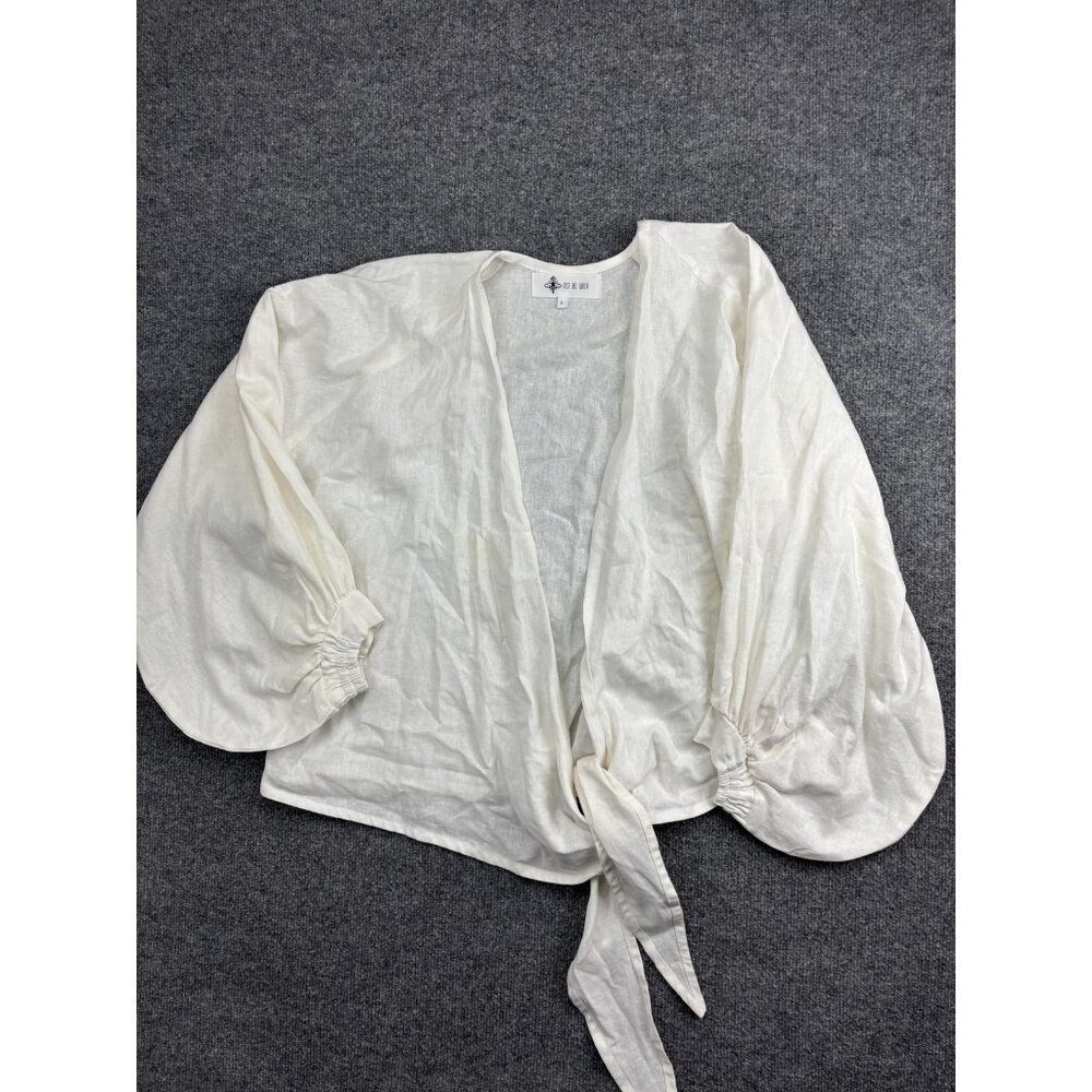 Just Bee Queen‎ Blouse Womens Large White Linen Kimono Tie Front 3/4 Sleeve Top